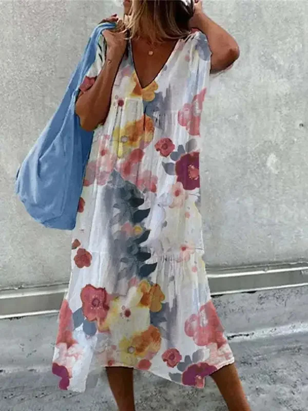 Abstract Flower Casual V-Neck Sleeveless Dress