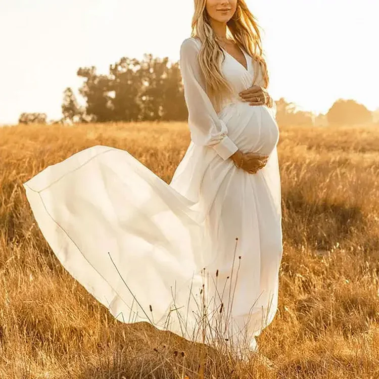 Maternity White Long Sleeve Photoshoot Dress