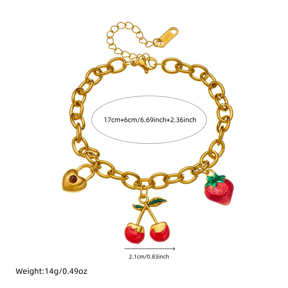 Sweet Forest Cherry Love Lock Pendant Female Ins All-Match Stainless Steel Gold-Plated Bracelet Summer Jewelry