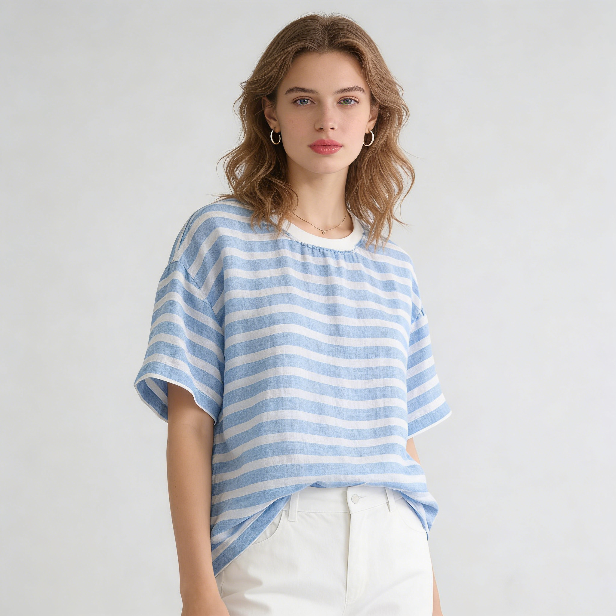 Linen T Shirt Women 100% Linen Striped Crew Neck Summer Tee Loose Fit Breathable REAL SILK LIFE