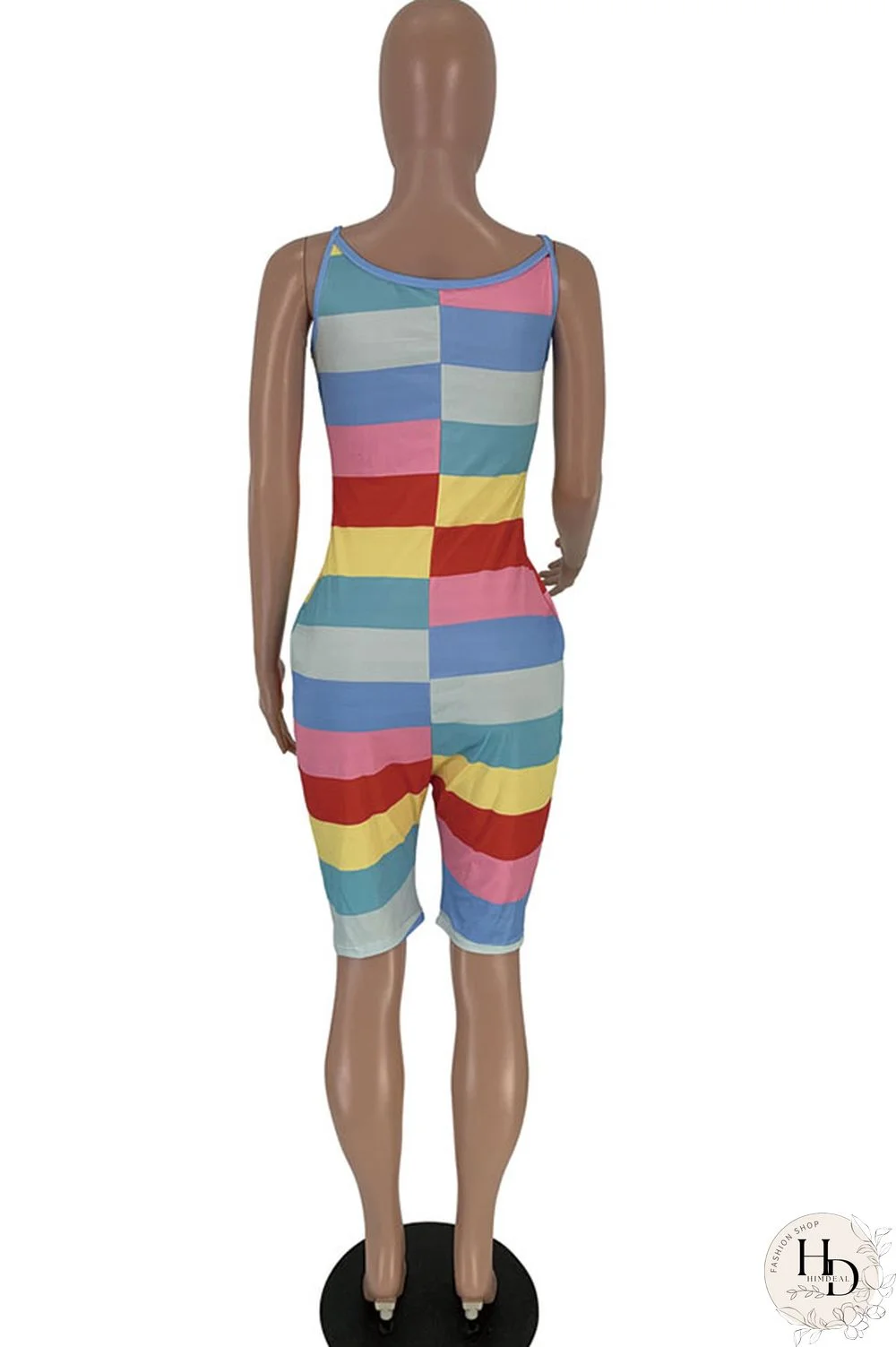 Green Sexy Fashion Patchwork Striped Print Polyester Sleeveless Slip Rompers