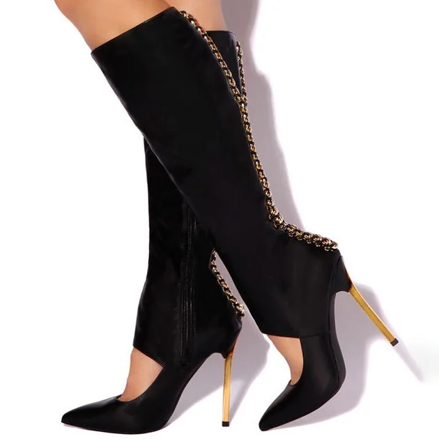 Women's Pointed Toe Cut Out Knee High Heel Boots with Chains