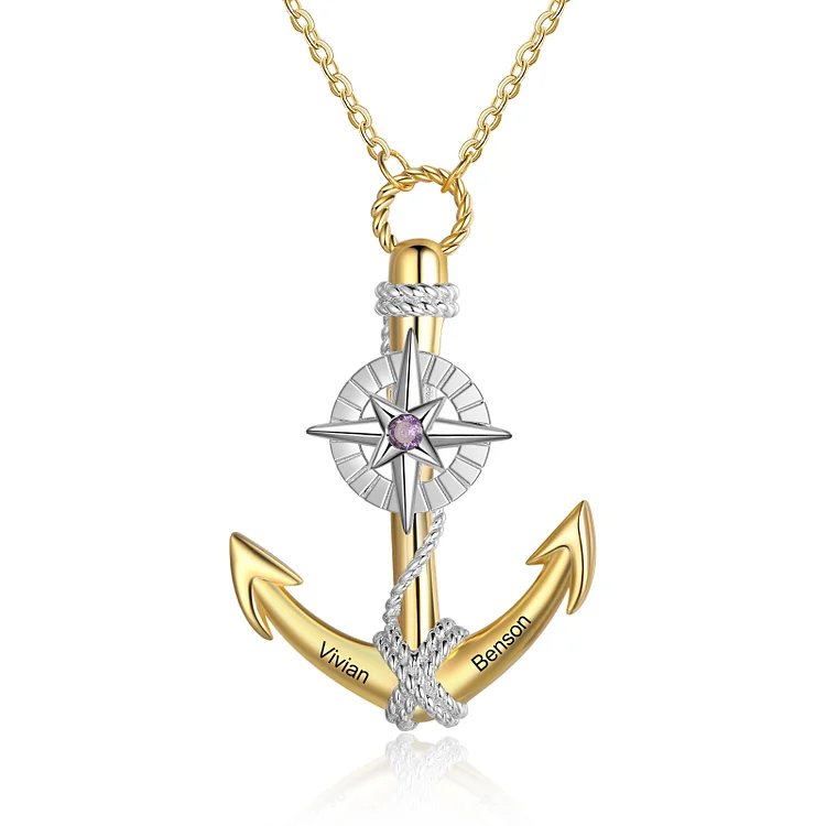 Anchor Pendant Necklace Personalized 2 Names and Birthstone Compass Necklace