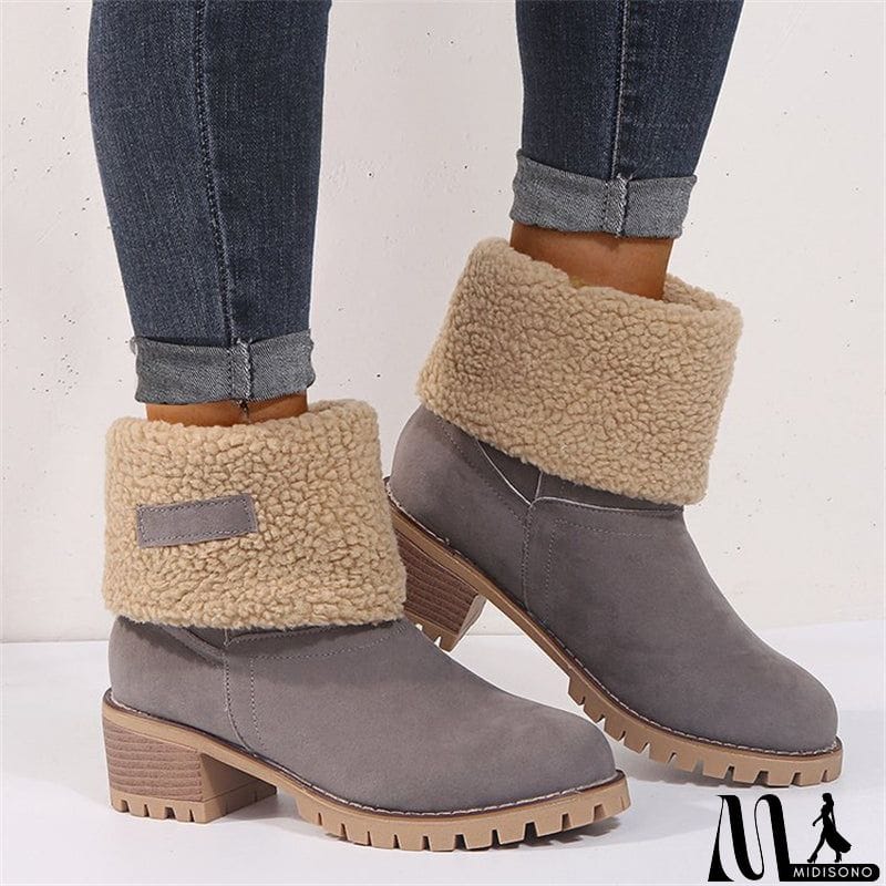 MidiSono - Warm Fur Lining Square Chunky Heel Suede Snow Boots for Women