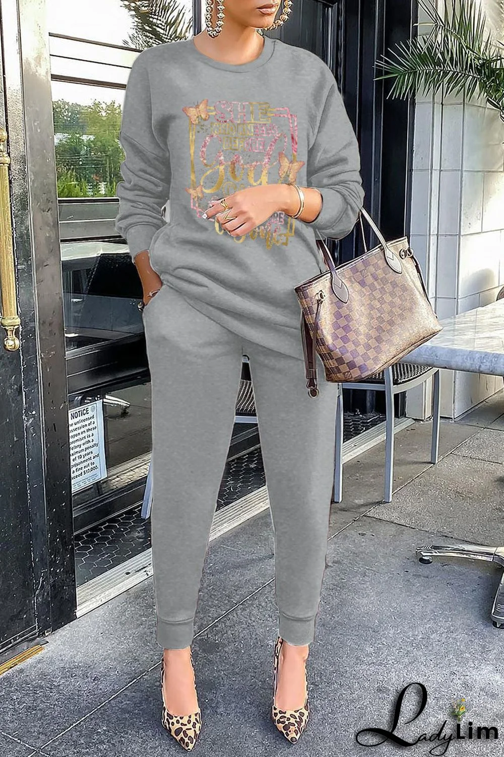 Grey Fashion Street Print Patchwork Letter O Neck Tops