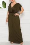 Plus Size Elegant Lace Up Solid Deep V Neck Maxi Dress
