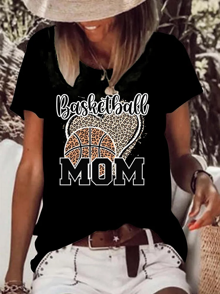 Basketball Mom Love Heart Leopard Print Raw Hem Tee-Annaletters