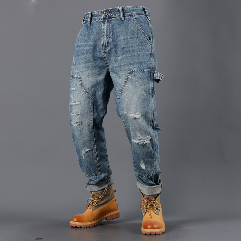 American Washed Ripped Loose Multi Pocket Straight Jeans