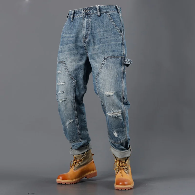 American Washed Ripped Loose Multi Pocket Straight Jeans