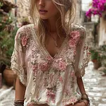 Women's Vintage Bohemia Pink Roses Embroidered Art V-neck Short Sleeve Linen Blend T-shirt - Image 2