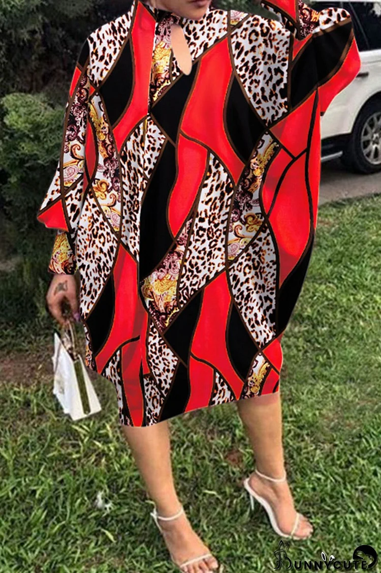 Red Fashion Casual Print Hollowed Out Half A Turtleneck Long Sleeve Dresses