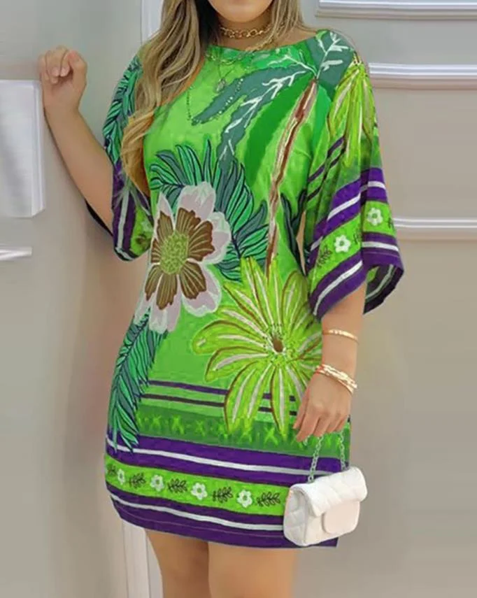 Nncharge Women's Dresses Summer Fashion Tropical Print Boat Neck Casual Three Quarters Daily Mini Straight Vacation Dress
