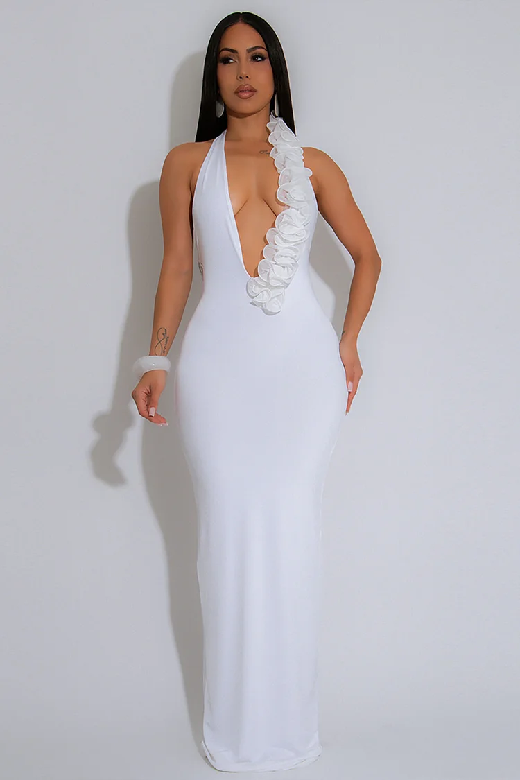 Ruffled Deep V Neck Bodycon Solid Color Gowns Halter Maxi Dresses-White