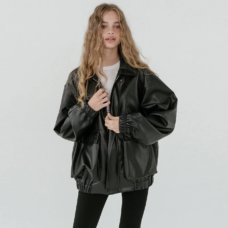 Huiketi Autumn Oversized leather jacket women long sleeve zipper turndown collar Loose black faux leather jackets for women 2023