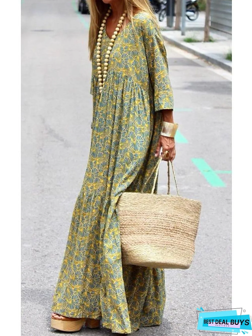 Women's Swing Dress Maxi Long Dress 3/4 Length Sleeve Print Summer Casual Green