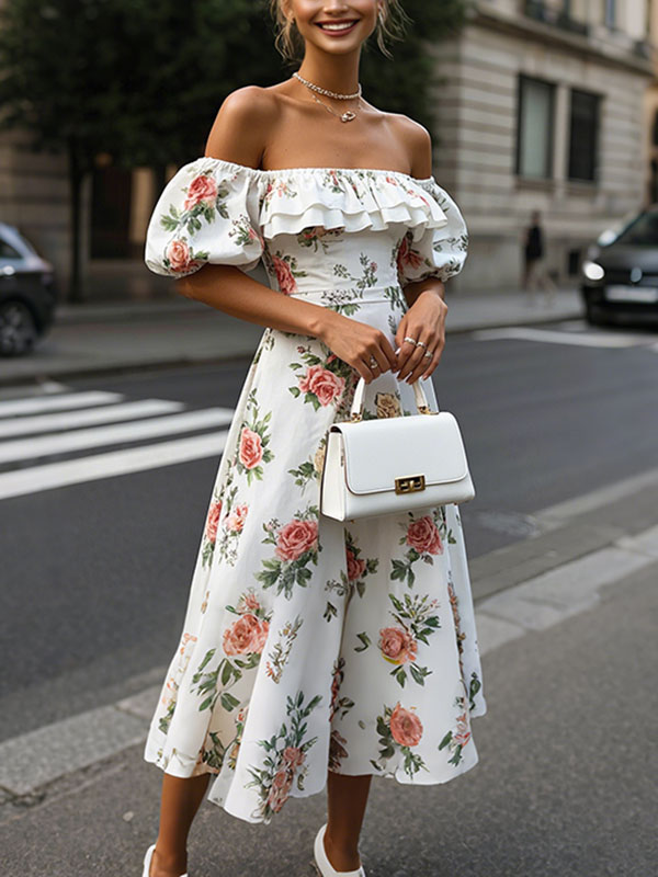 Ruffle Off The Shoulder Floral Midi Dress