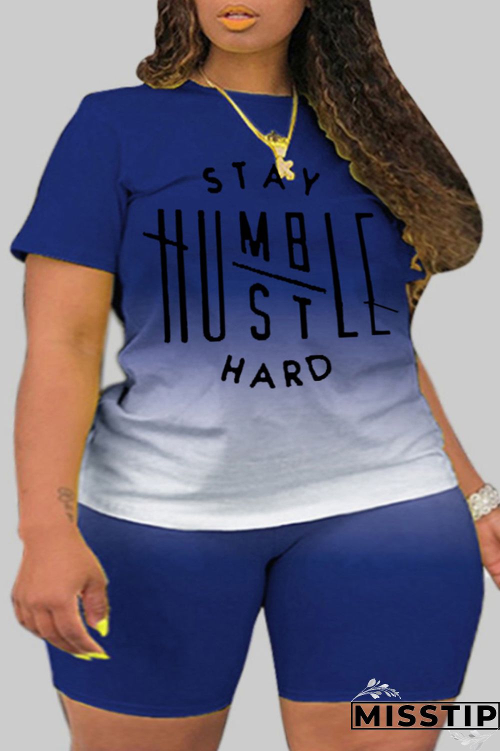 Royal Blue Fashion Casual Gradual Change Letter Print Basic O Neck Plus Size Two Pieces