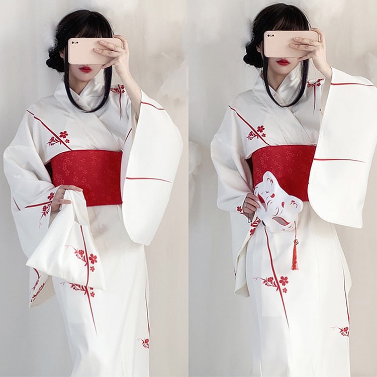 Vintage V-Neck Sakura Print Bow Decor Kimono Dress - Modakawa modakawa
