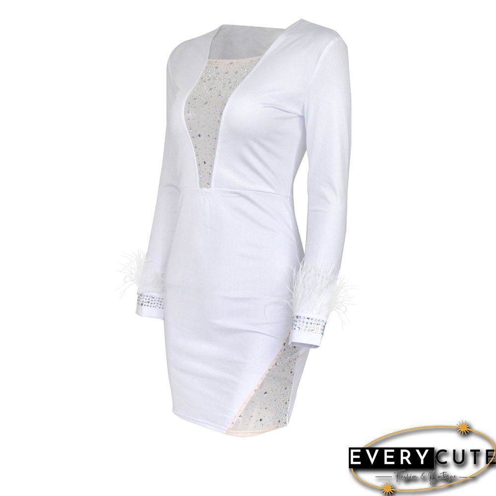 White Mesh & Rhinestones & Feather Detail Bodycon Dress