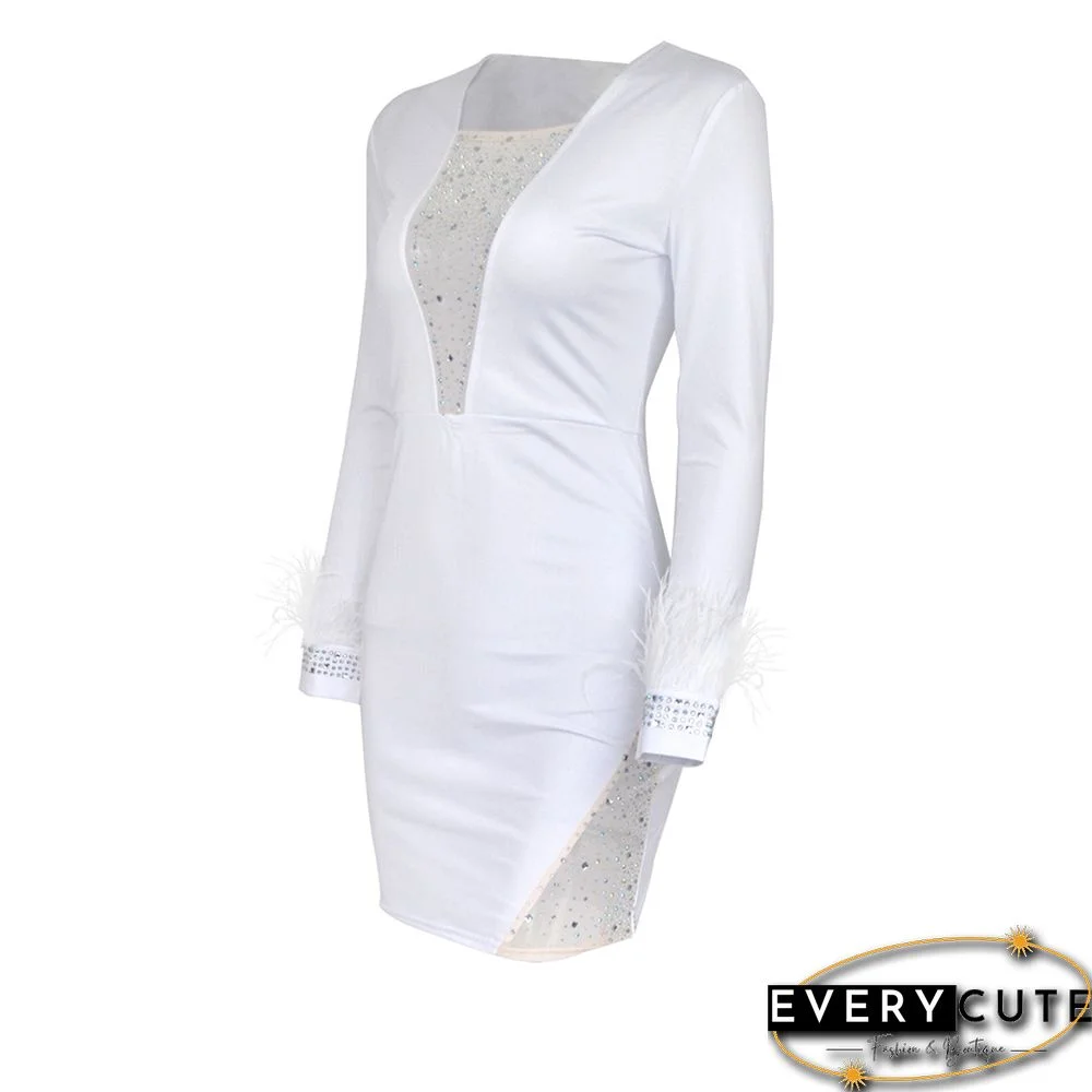 White Mesh & Rhinestones & Feather Detail Bodycon Dress