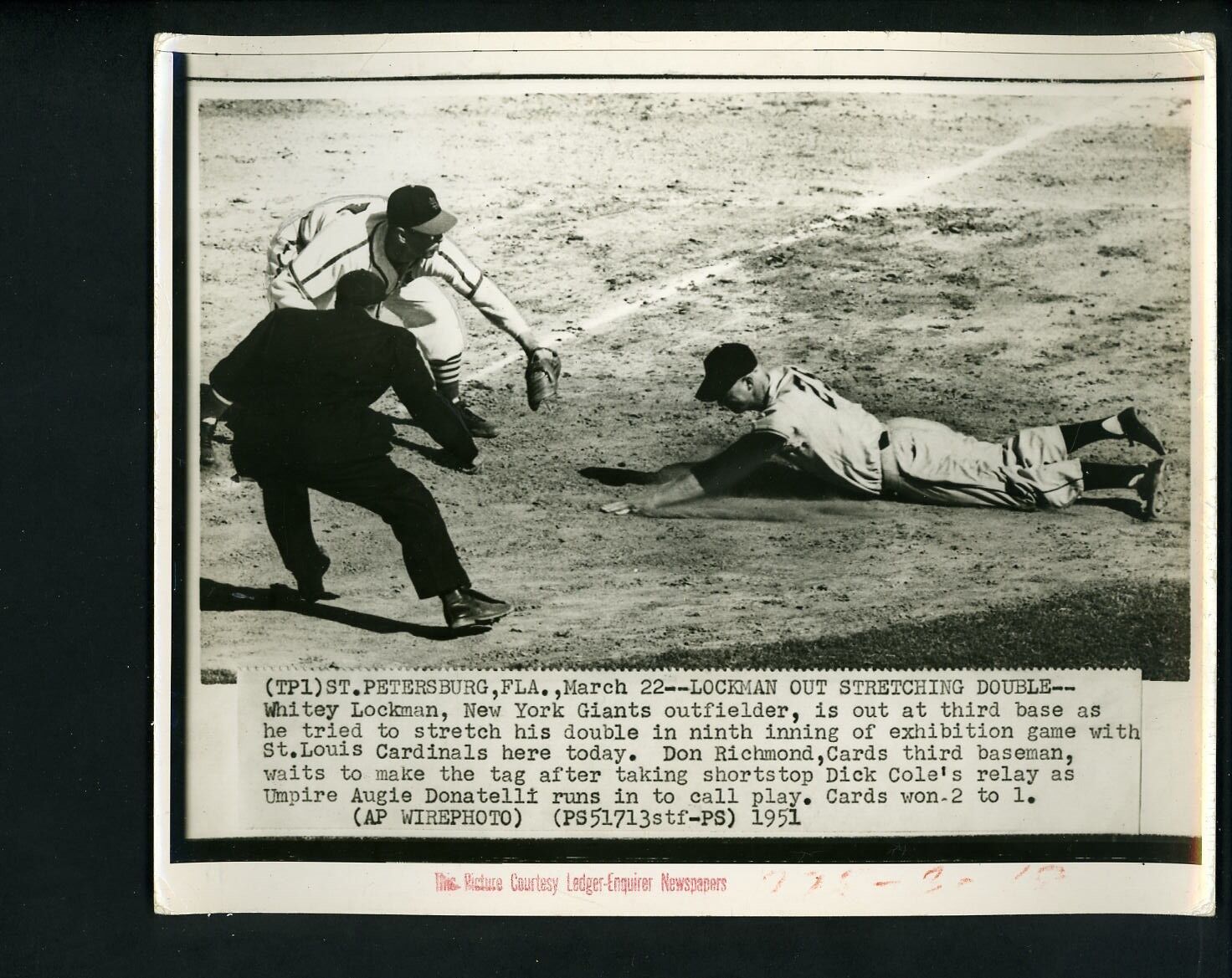 Whitey Lockman & Don Richmond 1951 Press Photo Poster painting New York Giants Cardinals