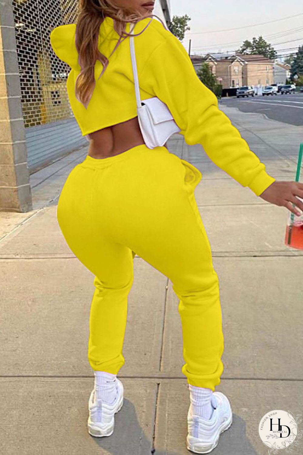 Yellow Casual Solid Split Joint Hooded Collar Long Sleeve Regular Sleeve Short Two Pieces