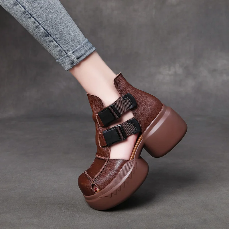 Yyvonne Thick-Soled Sandals Women's Head Cow Skin Retro Art Big Head Slope And Cool Slippers Tide Hollow Loose Cake Shoes