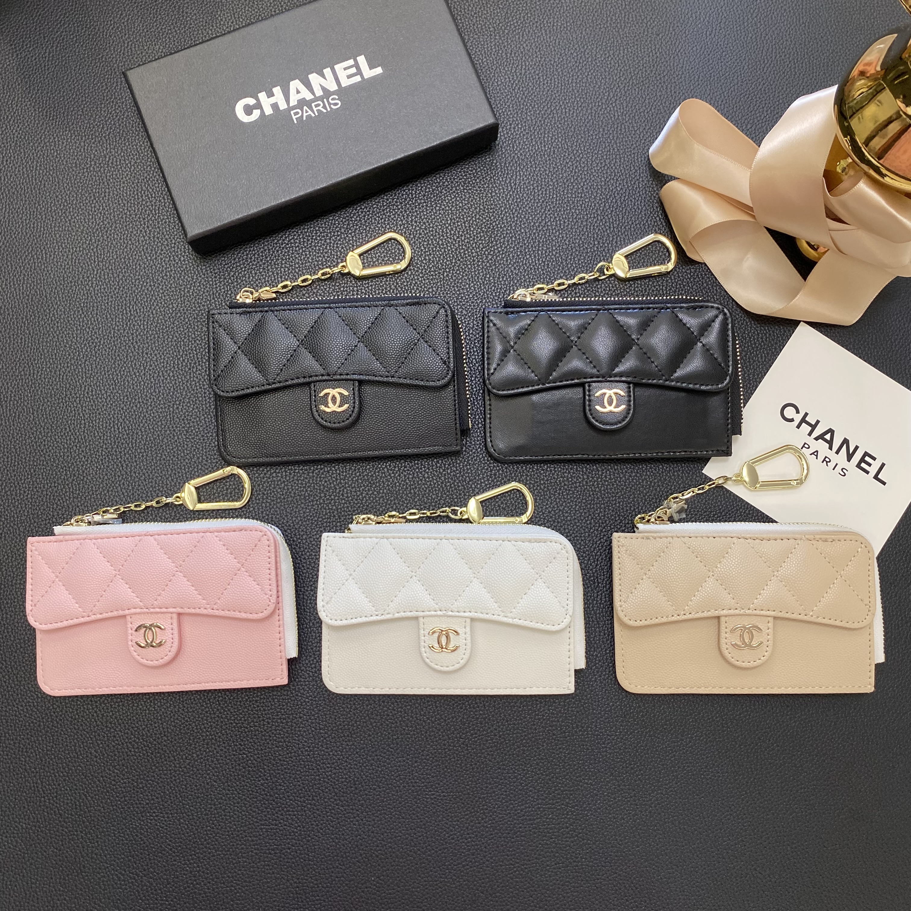Chanel Elegant Genuine Leather Wallet Card Holder Secure Zipper