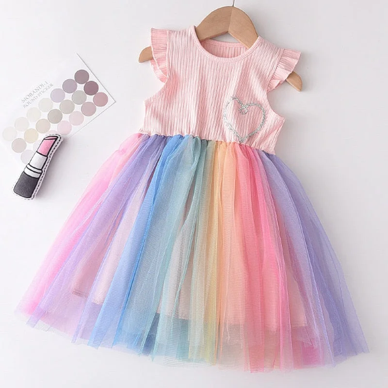 Bear Leader Girls Colorful Dress New Summer Party Dresses Kids Rainbow Mesh Costumes Cute Vestidos Outfits Children Clothing