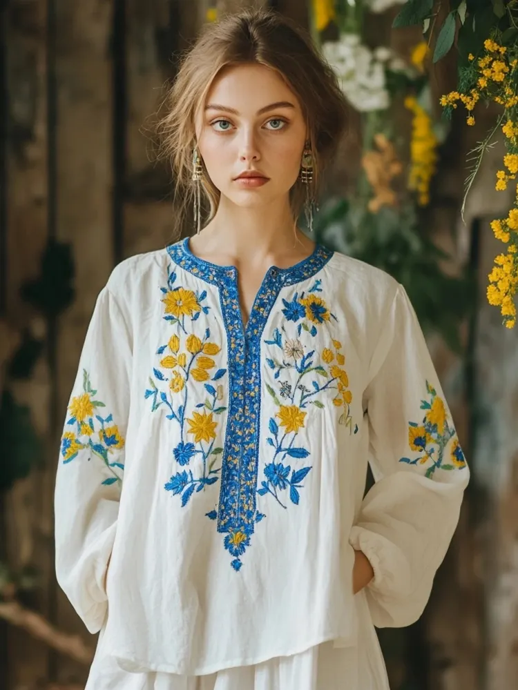 Vintage Folk Floral Embroidered Linen Blend Cozy Tunic