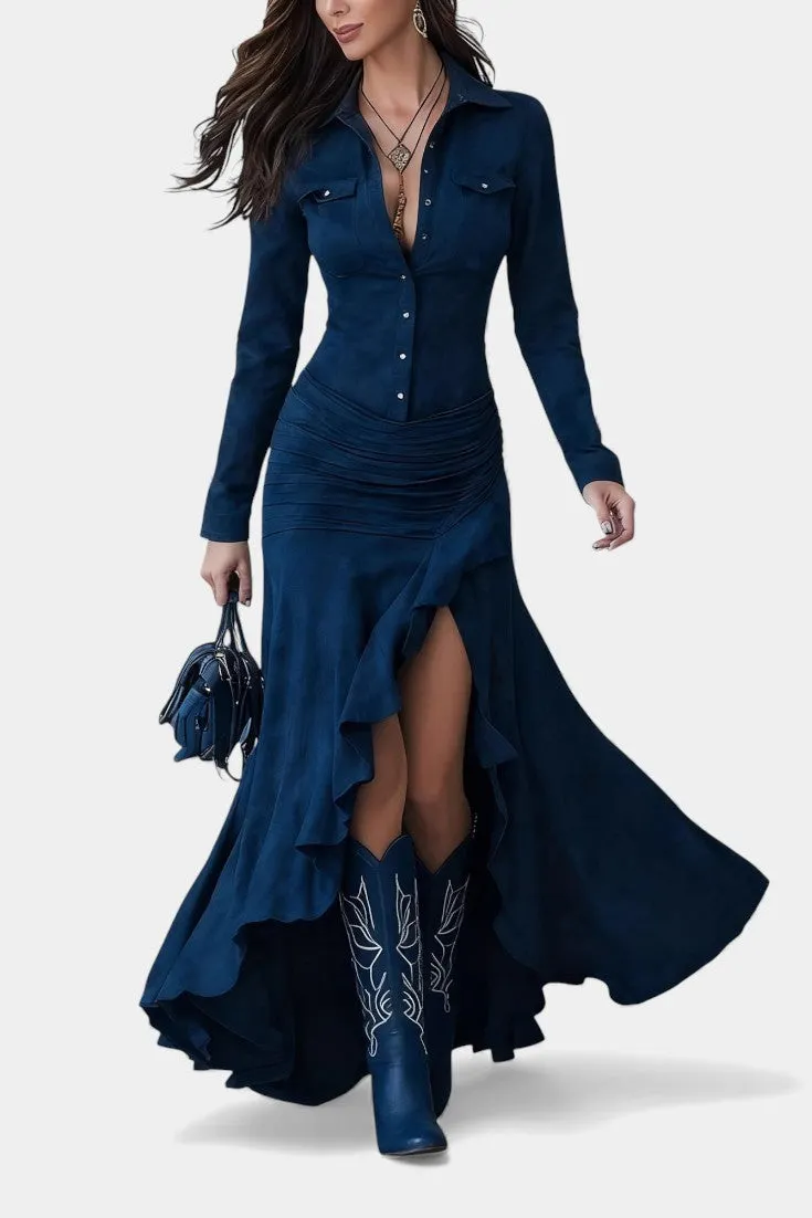 Long Sleeve Shirt Dress with Asymmetrical Ruffles