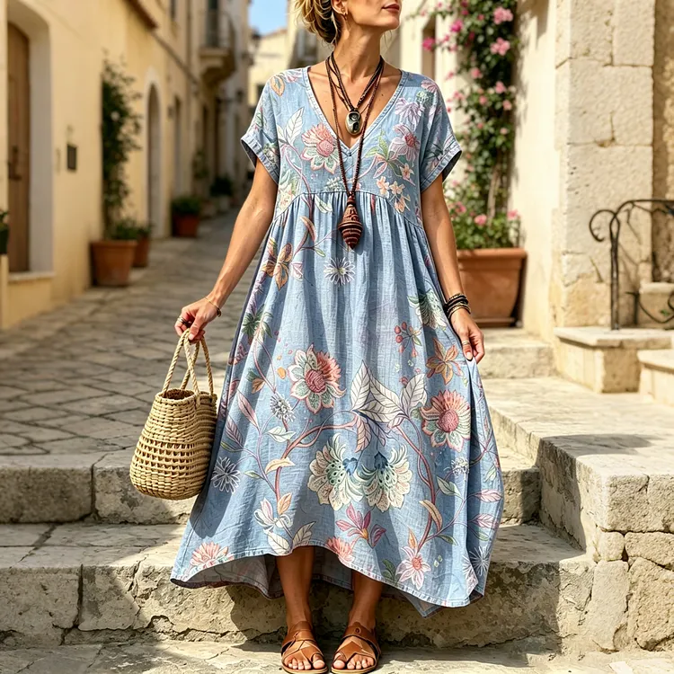 Women's Vintage Floral Art Embroidered Linen Blend V Neck Maxi Dress