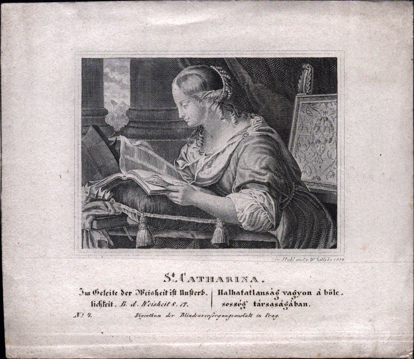 Holy Katharina Devotional Picture 19. Jh Steel Engraving Zelisko Prague (O-5628