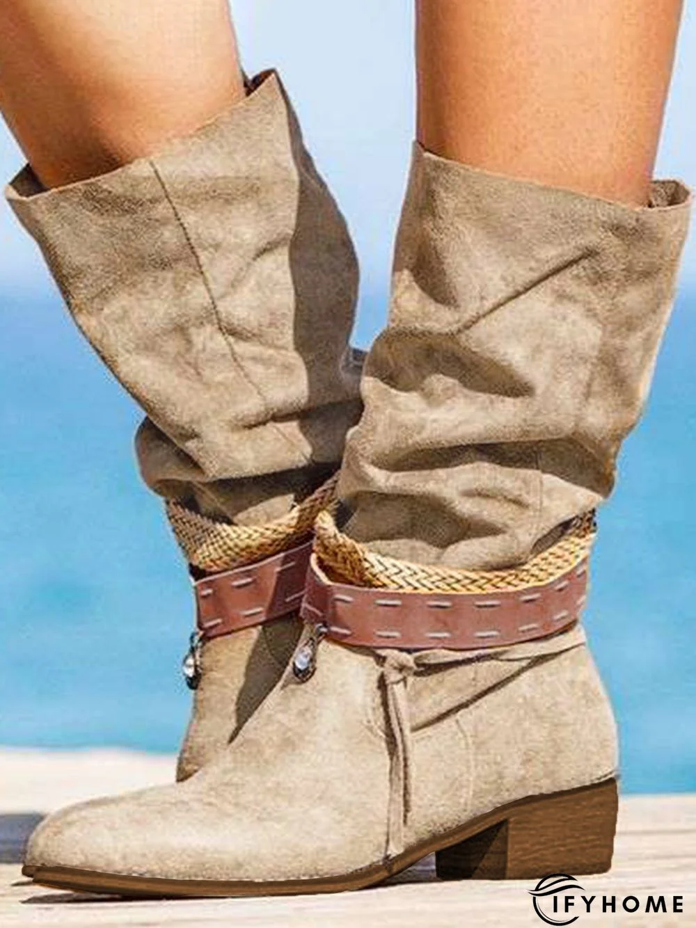 Vintage Khaki Drain Casual Chunky Heel Boots | IFYHOME