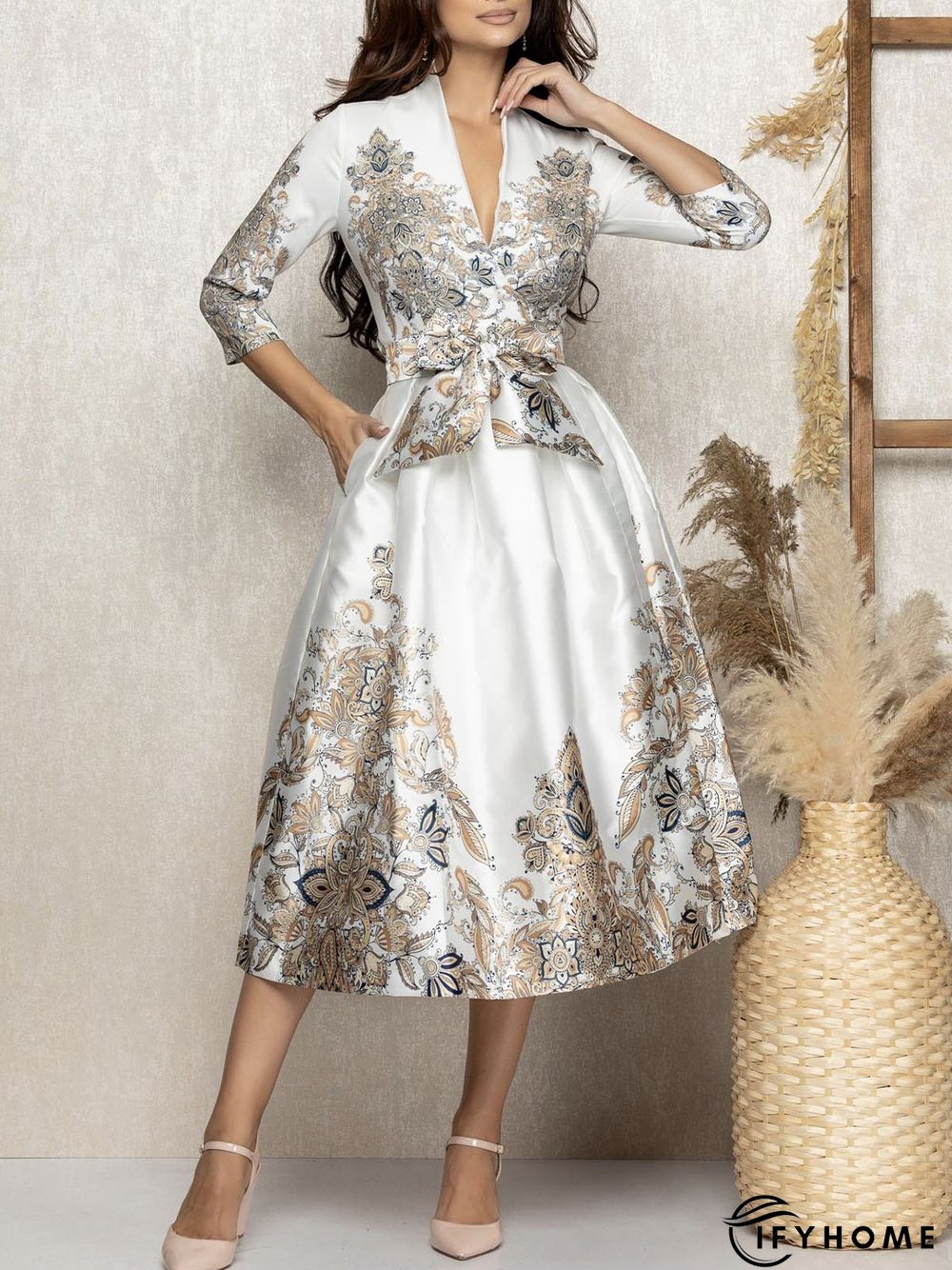 Regular Fit Cross Neck Elegant Midi Dress | IFYHOME