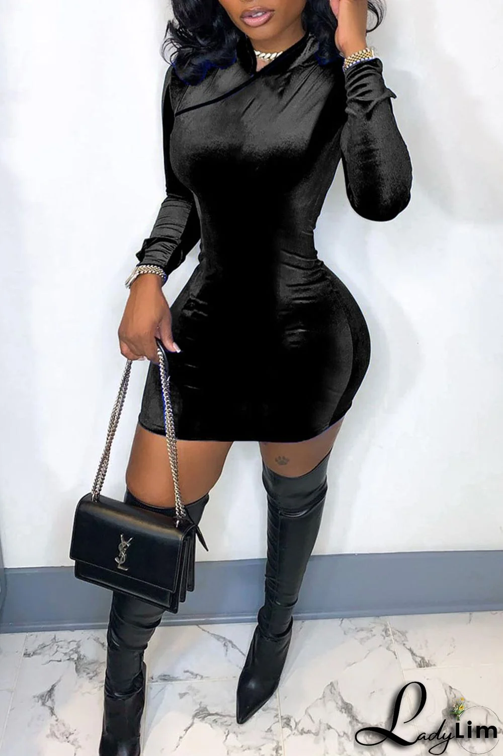 White Elegant Solid Patchwork Half A Turtleneck Pencil Skirt Dresses