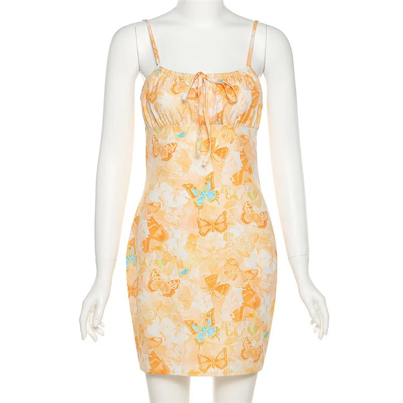 2023 New Summer Fashion Butterfly Printing Sling Dress Women Sleeveless Vacation Casual Slim Clothing Lady Mini Dresses