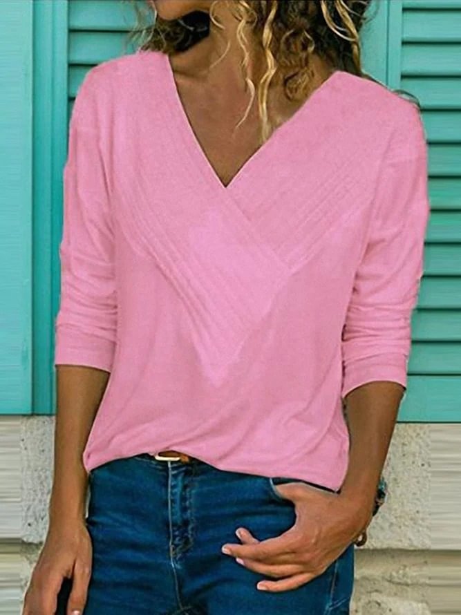 Women Solid Shift Elegant Solid Long Sleeve V Neck Blouse