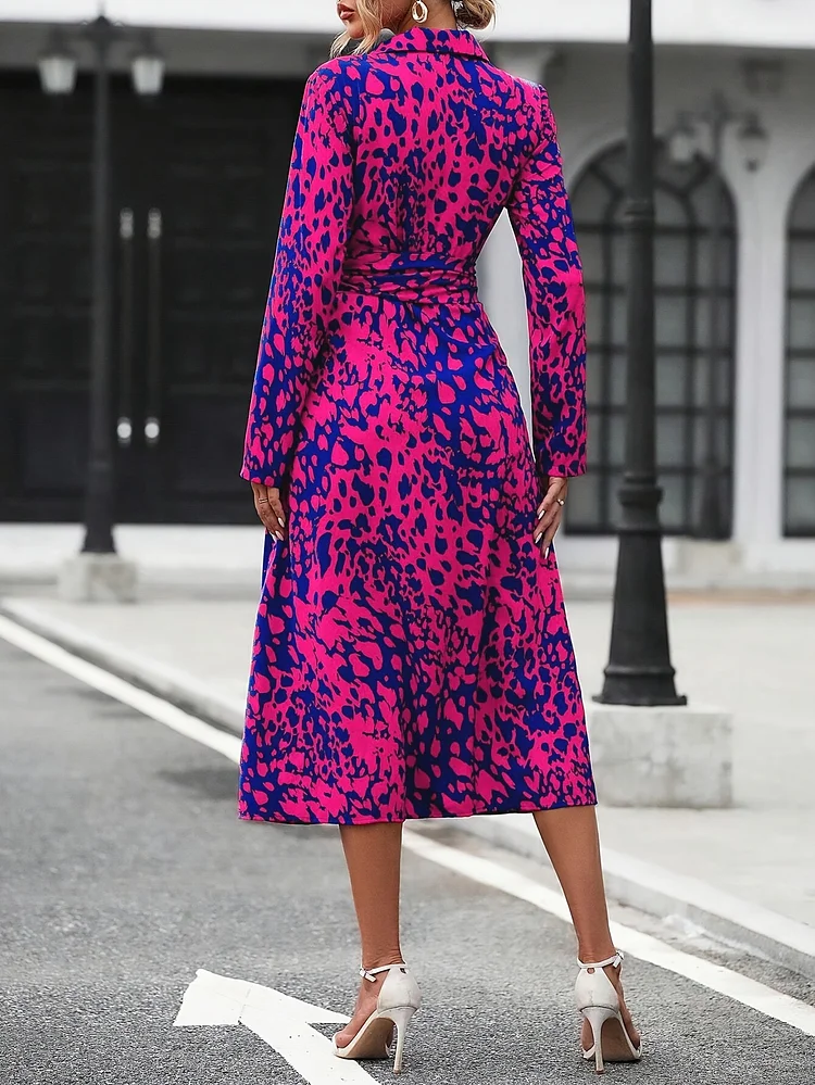 Fall/Winter Polyester Elegant Long Sleeve Shirt Dress For Women - Fitted Style Woven Fabric Belted Midi Dress With All Over Print