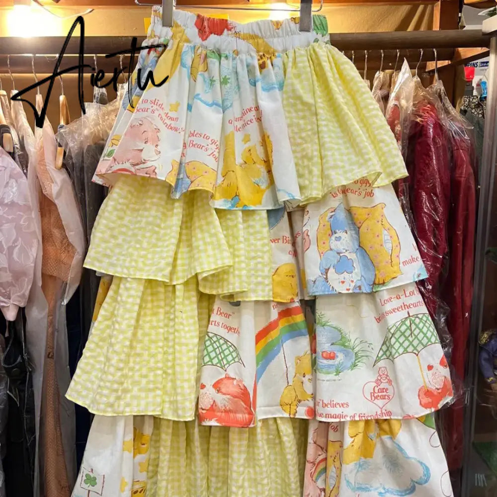 Y2k Sweet Fashion Skirt Age-reducing Print Splicing Cake Skirts Summer New Half Skirt Vintage Harajuku Fashion Faldas Aiertu