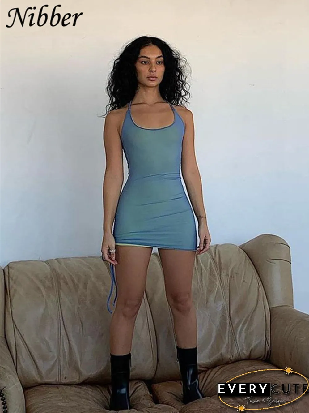 Solid Color Drawstring Party Wrap Dress Women Sling Sleeveless Halter Bodycon Club Wear