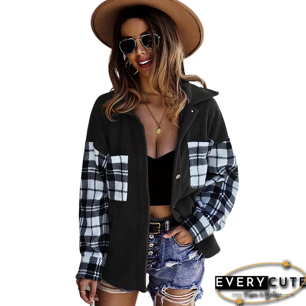 Black Splice Plaid Print Pocketed Shirt Jacket