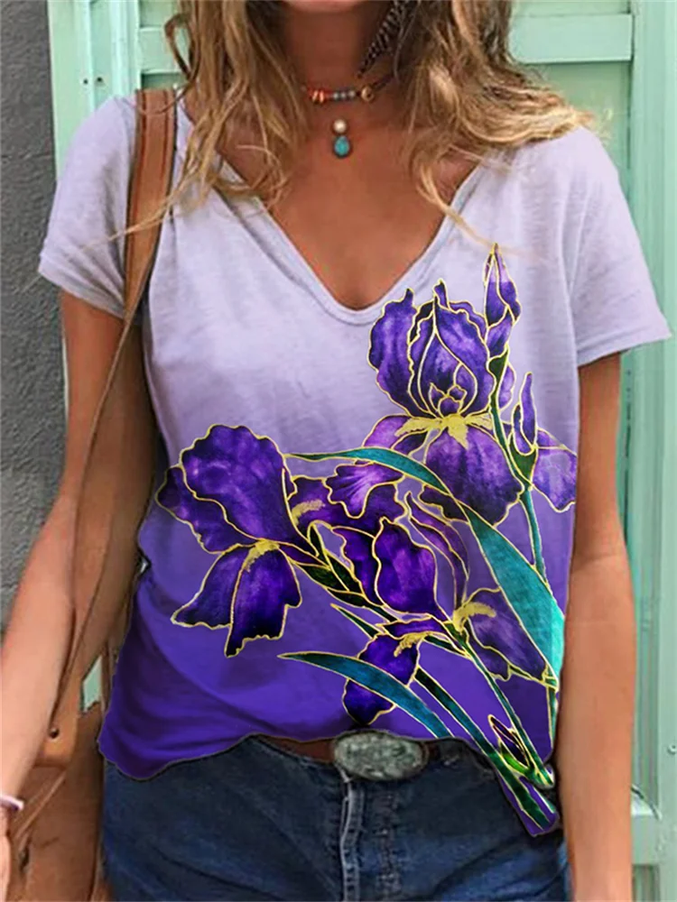 Irises Gradual Color V Neck T Shirt