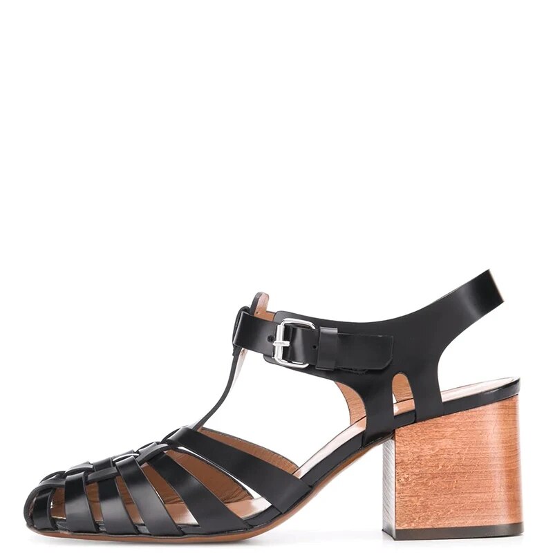 TAAFO Black Gladiator High Chunky Heels Women Sandals Round Toe Ladies T-Strap Shoes