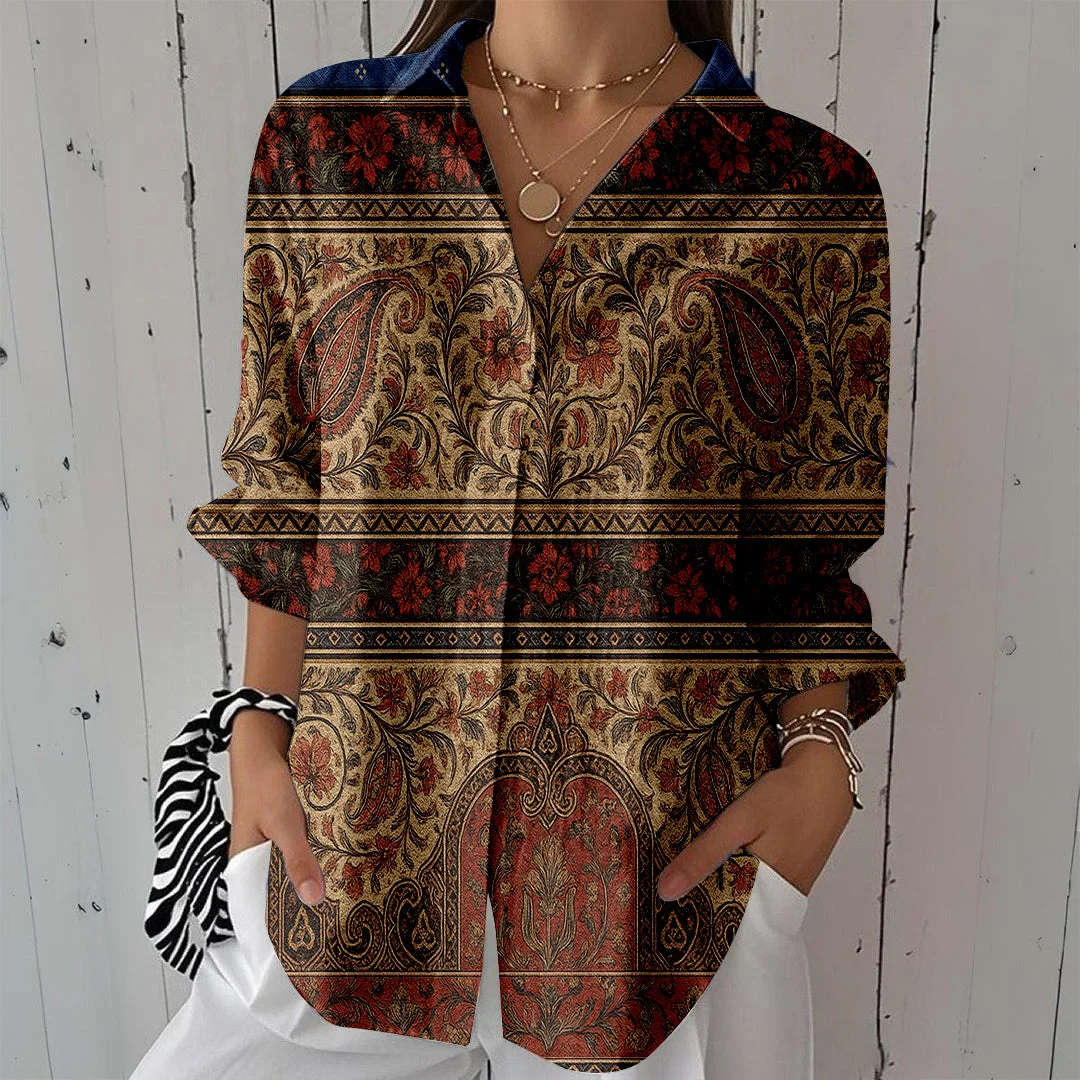 Style & Comfort for Mature Women Women Bohemian, Orange, Blue DZCL0203 3/4 Sleeve Shirt Collar Printed Button Tops