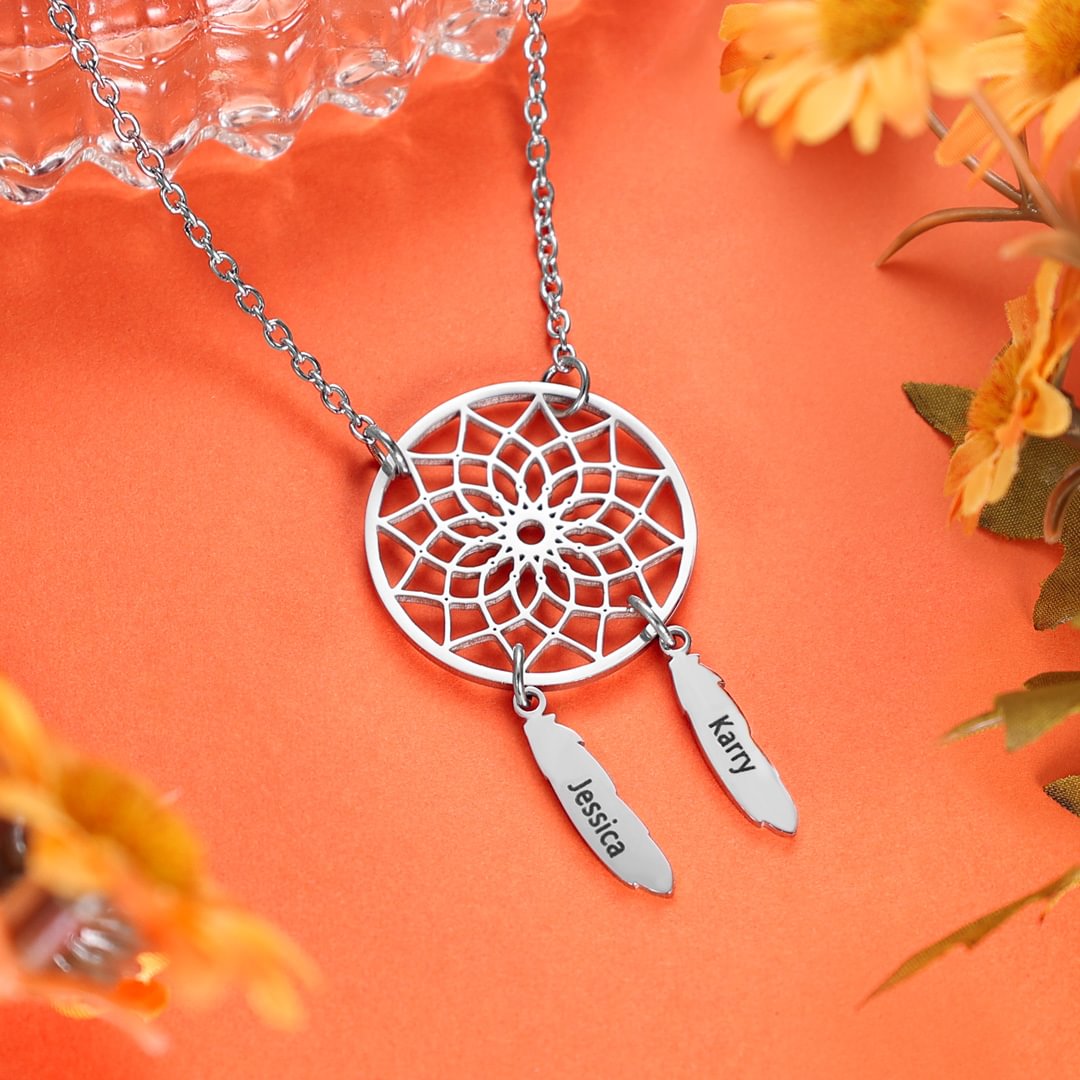 Personalized Retro Dream Catcher Necklace Engraved 3 Names Gift For Women