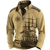 Men's Retro Nautical Sailing Compass Print Zipper Stand Collar Sweatshirt Christmas Holiday Tops Khaki Gray Black by Inlyline