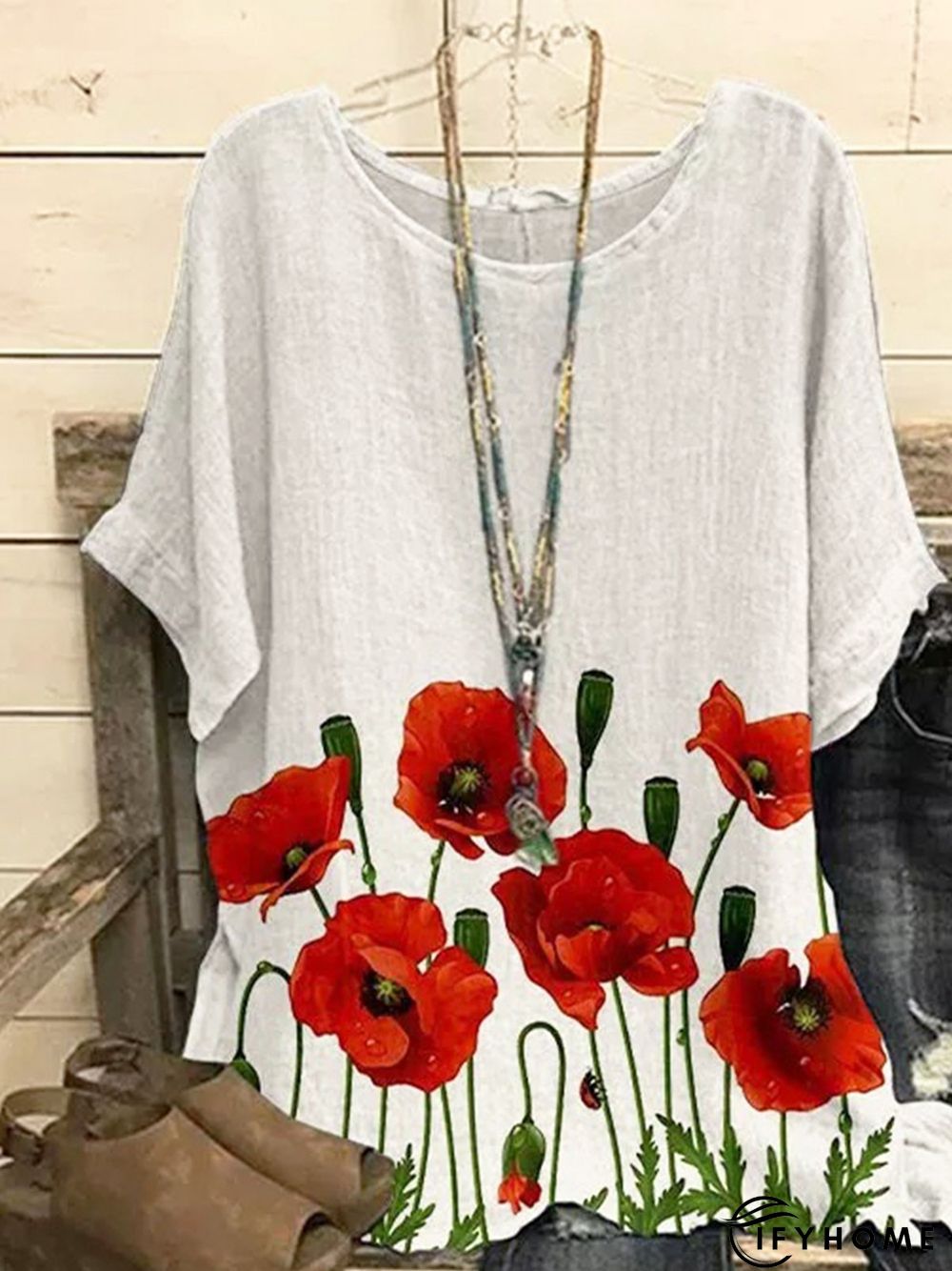 Casual Floral Loosen Round Neck Short Sleeve Tops | IFYHOME