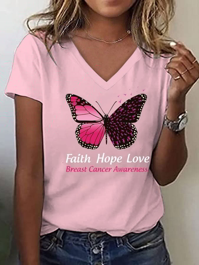 Women's Breast Cancer Awareness Faith Hope Love Print V-Neck Tee