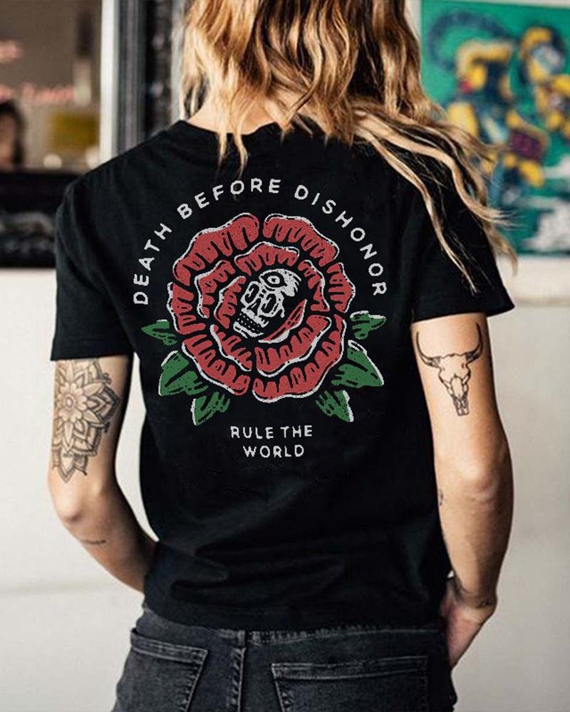 Women's cloeinc death before dishonor rule the world letters rose skull printing womens t shirt